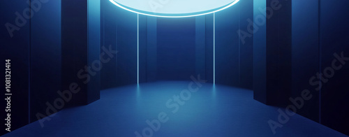 A dark, futuristic hallway with blue lighting. The hallway is lined with tall, narrow walls, and a single, circular light source emits a bright, blue glow photo