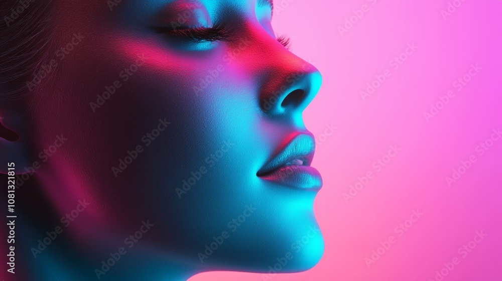 Obraz premium Profile of Woman's Face in Neon Lighting