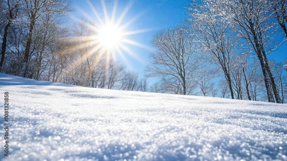 Fototapeta premium Bright winter landscape with snow and sun rays.