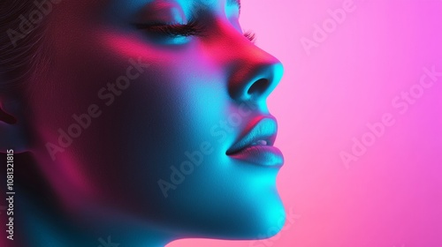 Profile of Woman's Face in Neon Lighting