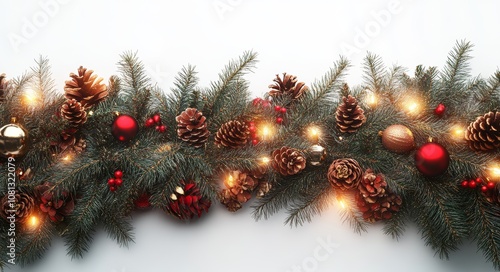 Christmas seamless garlands with golden and red decorations, balls, and ornaments, photorealistic photo