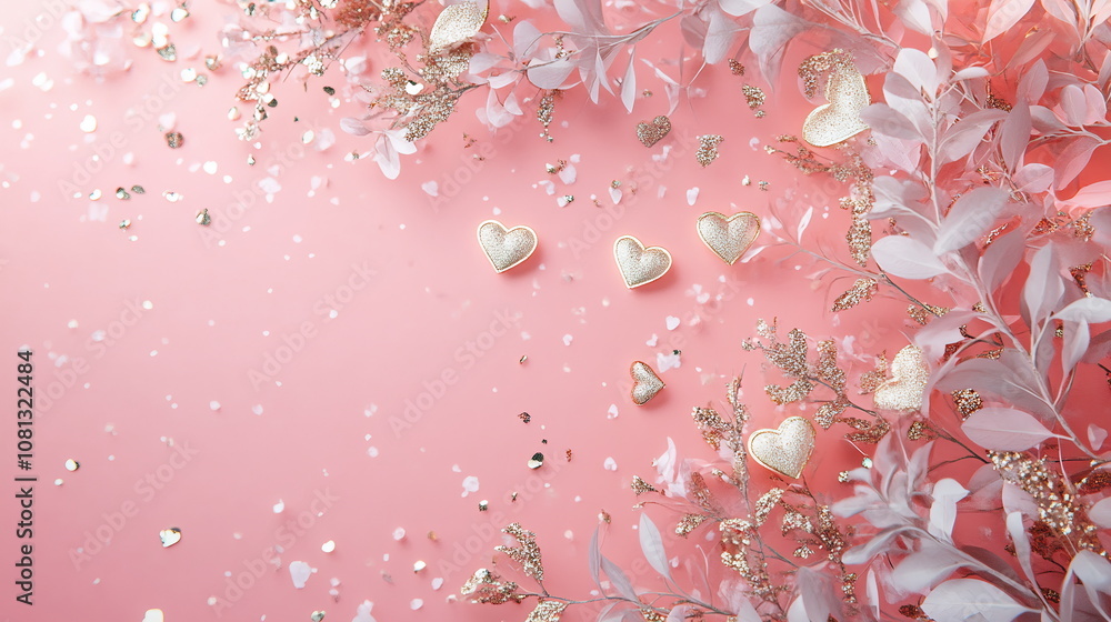 Elegant Valentine's Day background with a soft pink gradient, featuring swirling heart confetti and delicate floral details with subtle gold shimmer. Horizontal 16:9 web banner template Elegant Valentine's Day background with a soft pink gradient, featuring swirling heart confetti and delicate floral details with subtle gold shimmer. Horizontal 16:9 web banner template