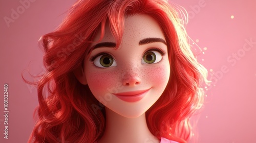 Gentle portrait of a smiling young woman with red wavy hair on a soft pink background embodying a cheerful and playful summer vibe