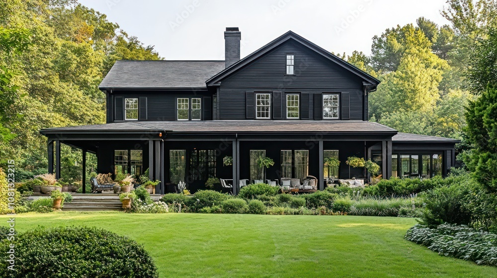 Elegant black house surrounded by lush greenery. Elegant black house surrounded by lush greenery.