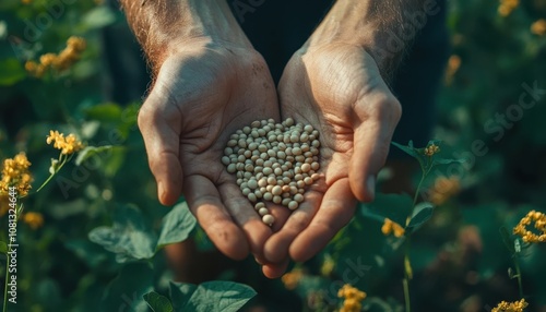 A closeup of hands holding freshly harvested soybeans, Soybeans, Bountiful and rich photo