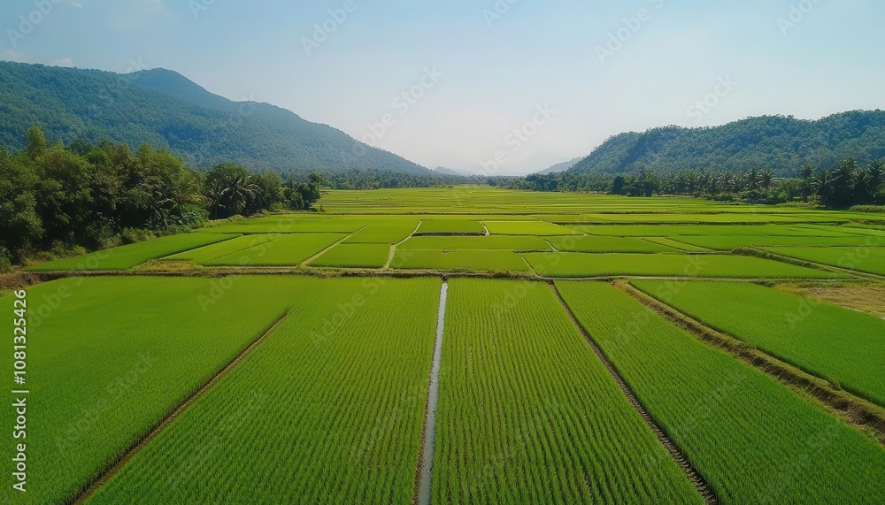 Fototapeta premium A drone view of a large rice paddy field, Rice Farming, Vast and organized