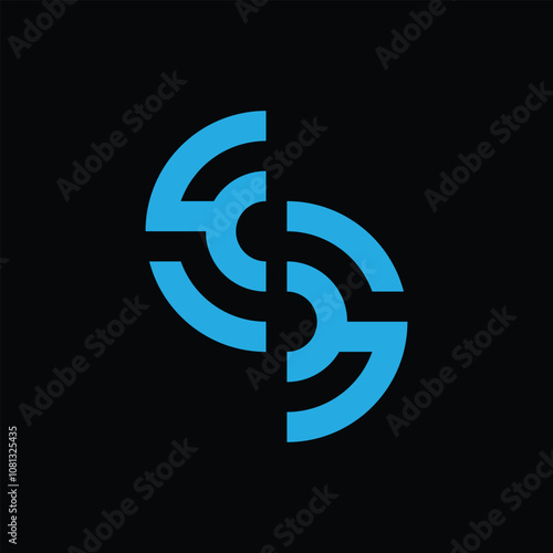 This is a logo design of an abstract letter S in blue of two connected half round shapes in blue color on a black background for technology companies