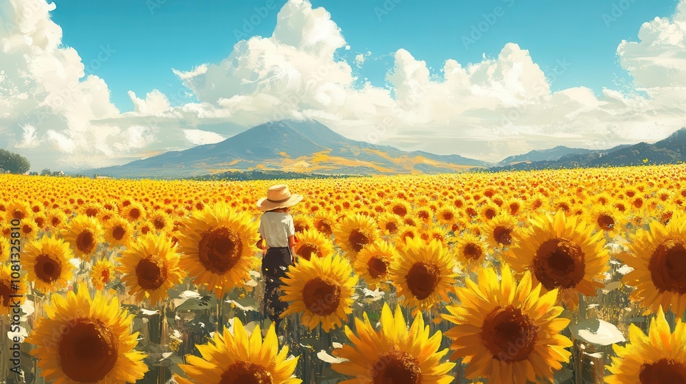 Obraz premium A farmer inspecting a field of yellow sunflowers, Flower Farming, Vibrant and sunny