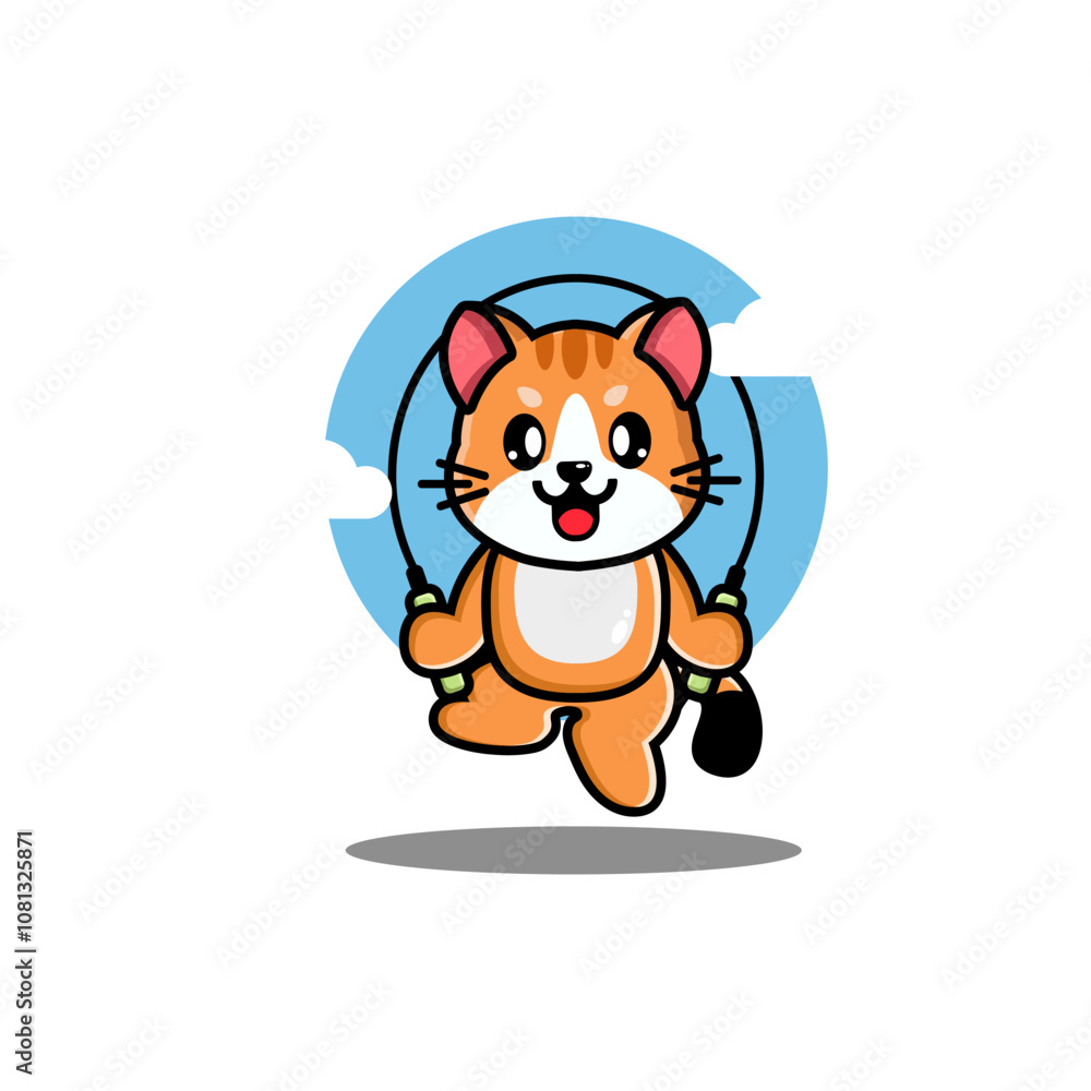 A cute orange cat skipping rope with a blue sky and clouds background
A cute orange cat skipping rope with a blue sky and clouds background