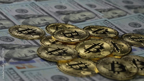Close up of metal golden bitcoin crypto currency coin on US 100 dollar bills, rotates. Electronic decentralized money concept. Exchange bitcoin cash for a dollar. Bitcoin coin and cash background