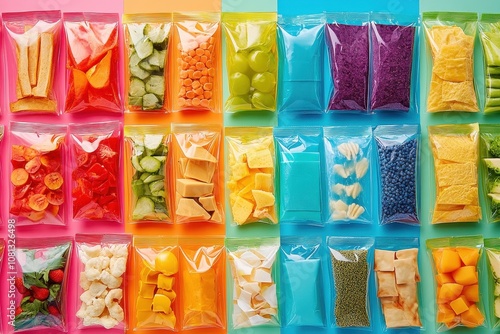 A variety of colorful foods are sealed in plastic bags. This photo shows a range of colorful foods, perfectly packaged and ready for storage or consumption. photo