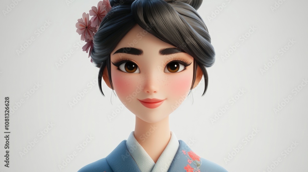 Japanese style waitress in traditional attire gracefully posing against a clean white background cultural representation Japanese style waitress in traditional attire gracefully posing against a clean white background cultural representation