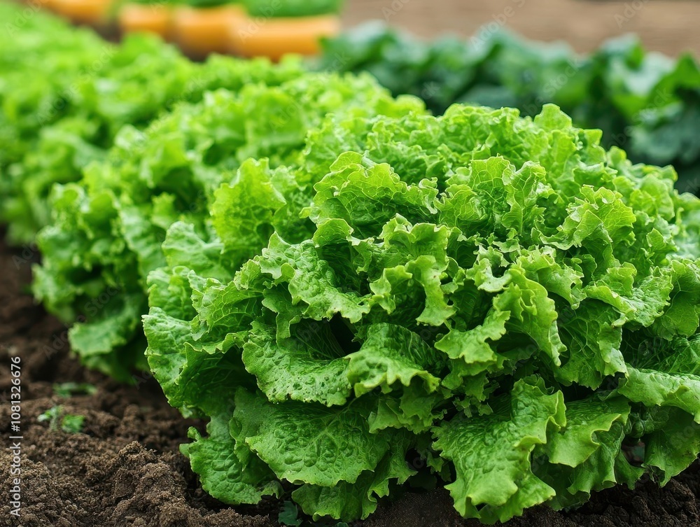 A field of lush green lettuce plants, Vegetable Farming, Fresh and vibrant A field of lush green lettuce plants, Vegetable Farming, Fresh and vibrant