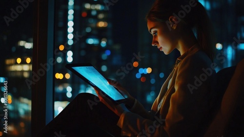 Woman Working on Tablet in City at Night photo