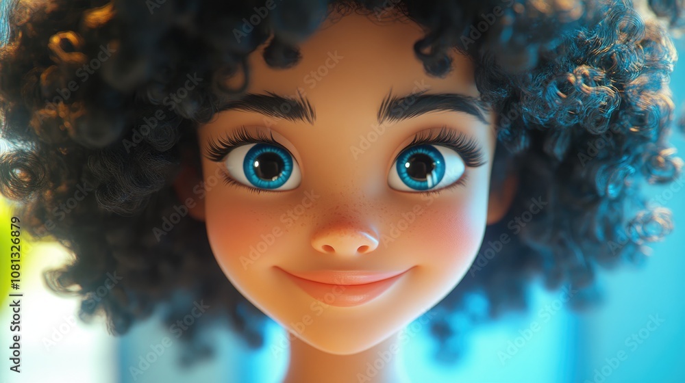 Cheerful young woman with curly hair smiling brightly at the camera ideal for advertising and promotional campaigns Cheerful young woman with curly hair smiling brightly at the camera ideal for advertising and promotional campaigns