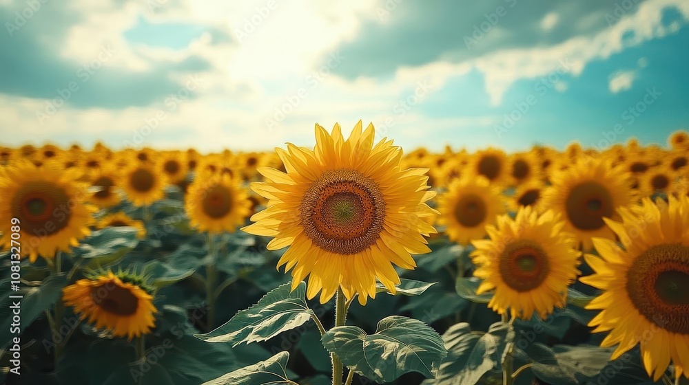 Fototapeta premium A large field of sunflowers, bright and blooming, Flower Farming, Sunny and cheerful