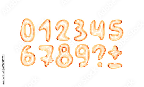 Set of shiny pink bubble style numbers and symbols on white background. Playful glossy digits ranging from 0 to 9, additional punctuation marks. Realistic 3d design. Vector illustration