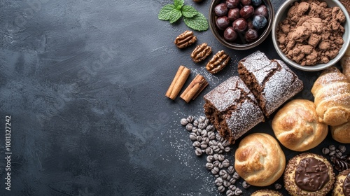 Assorted baked goods and chocolate on a dark background