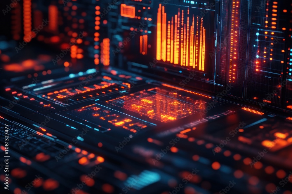 Obraz premium Futuristic digital interface with glowing lines and data visualizations.