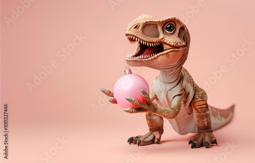 A charming image of a small dinosaur holding a pink Christmas ornament on a pastel pink background. photo