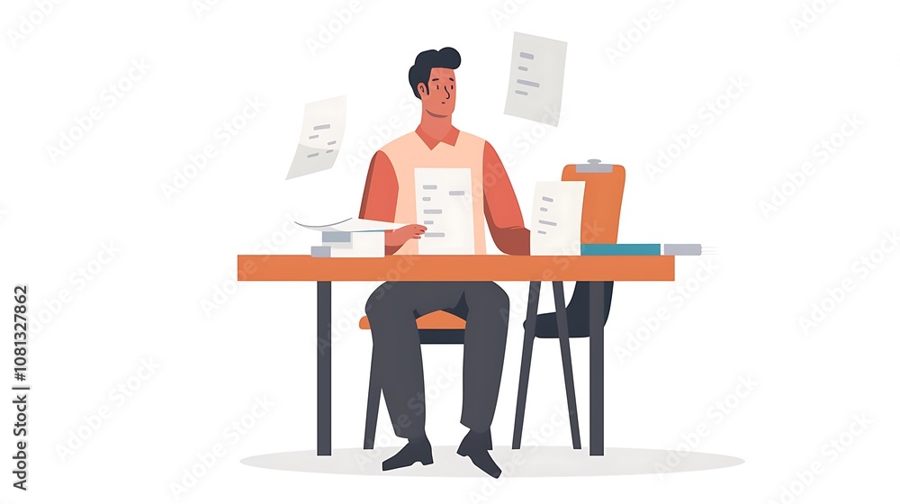 A person sitting at a desk, reviewing documents with papers flying around. A person sitting at a desk, reviewing documents with papers flying around.