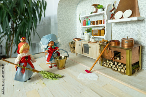 miniature world tiny dolls inhabiting meticulously crafted retro-style dollhouse kitchen scale kitchen roombox, childhood memories photo