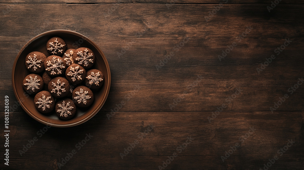 Homemade Christmas cookies with icing snowflakes in clay bowl on wooden background. Top view. Copy space. Homemade Christmas cookies with icing snowflakes in clay bowl on wooden background. Top view. Copy space.