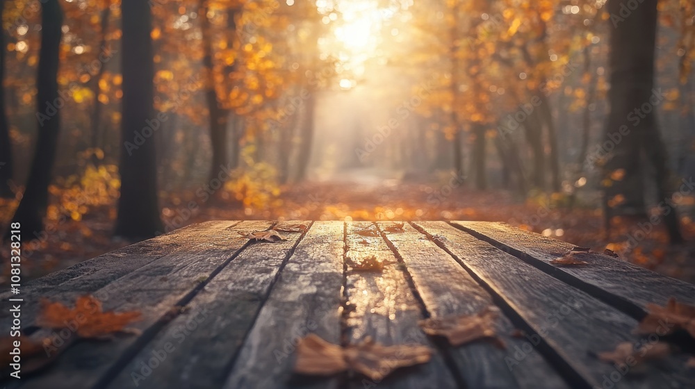 Wooden planks in a blurred forest. Perfect for showcasing products or creating a fall-themed background. Wooden planks in a blurred forest. Perfect for showcasing products or creating a fall-themed background.
