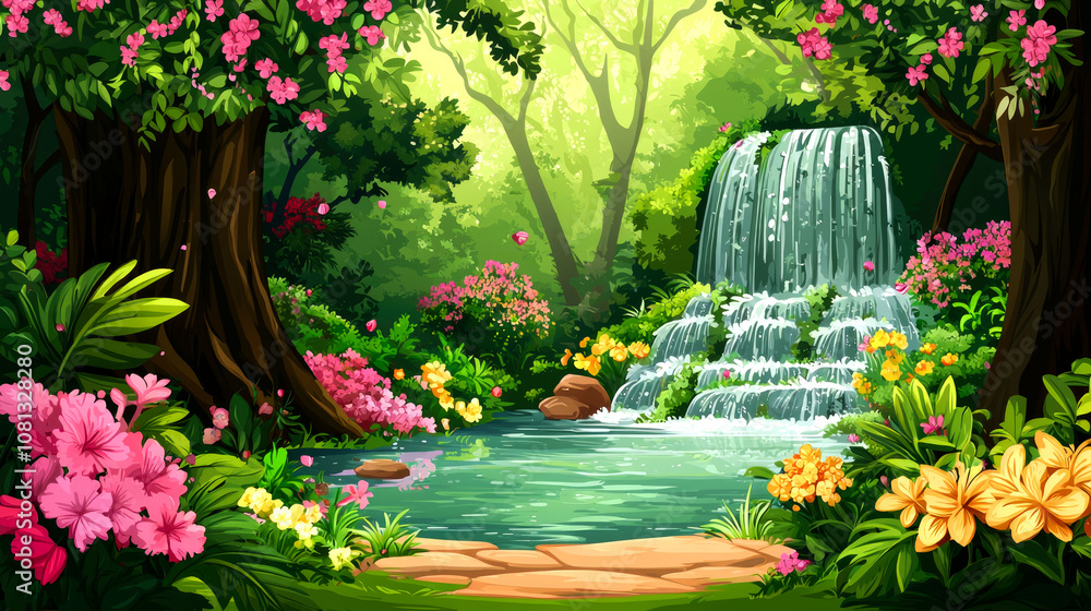 A lush green forest with a cascading waterfall and vibrant flowers. A lush green forest with a cascading waterfall and vibrant flowers.