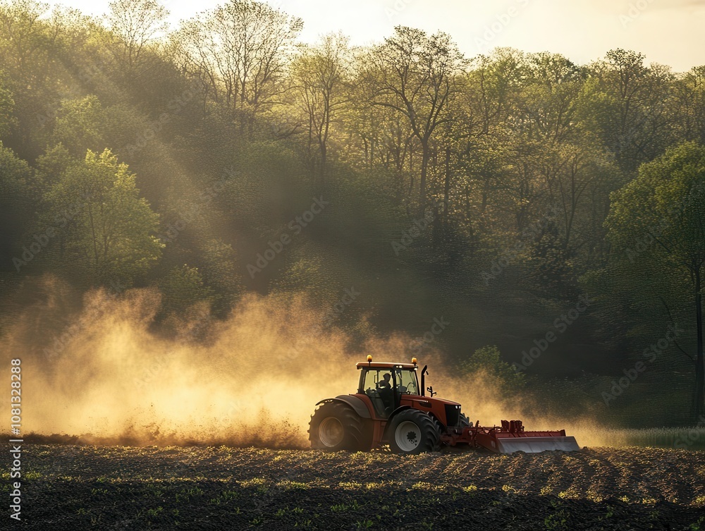 Fototapeta premium A tractor tilling a field before planting, Soil Preparation, Powerful and preparative