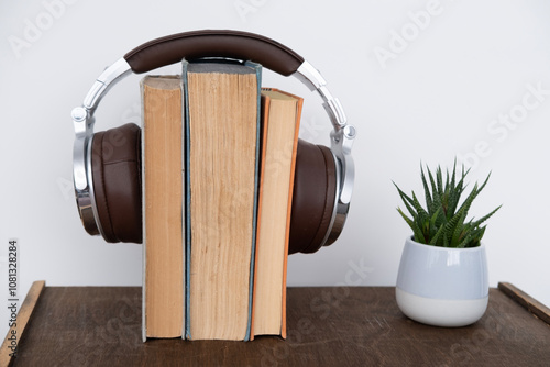 Fotografie stack of books with headphones, learning foreign languages using audiobooks, mul