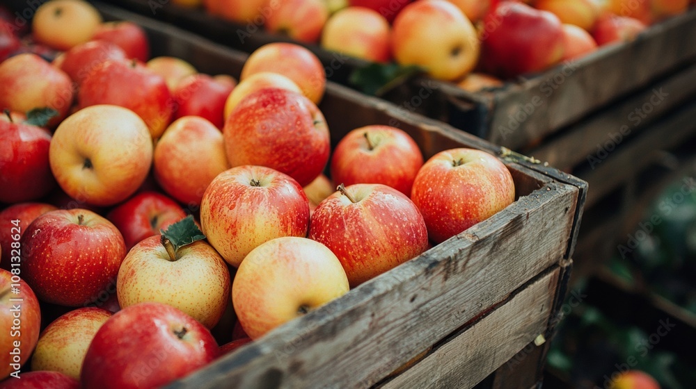 Close-up of fresh apples in wooden crates at a market Close-up of fresh apples in wooden crates at a market