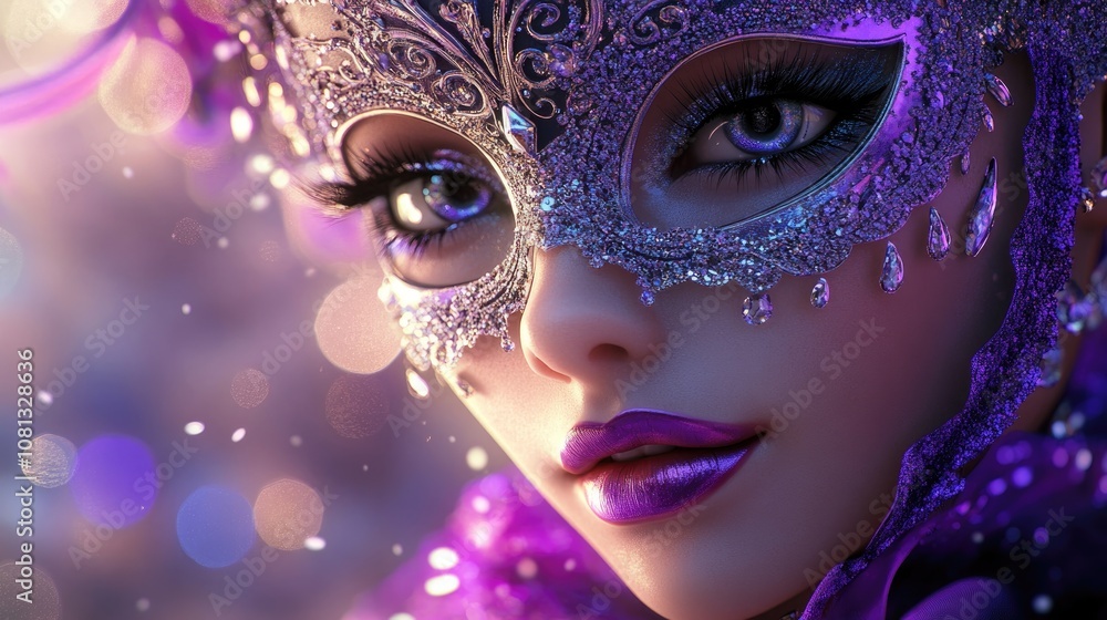 Beautiful mysterious women wearing fancy sparkling dresses and carnival masks posing against a vibrant purple and silver background festive celebration atmosphere Beautiful mysterious women wearing fancy sparkling dresses and carnival masks posing against a vibrant purple and silver background festive celebration atmosphere
