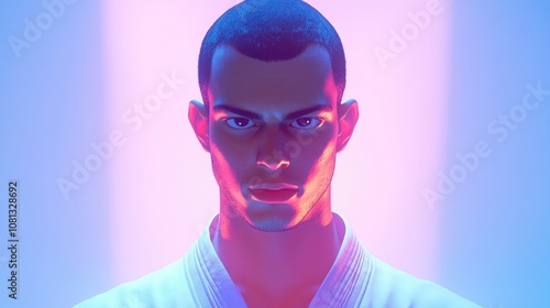 Collage portrait of a young muscular combat athlete in a white kimono captured in vibrant neon blue light showcasing martial arts strength and fitness