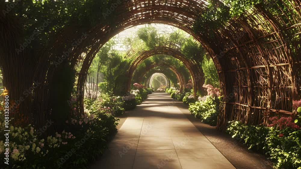 unique corridor made from woven willow branches that create an arched tunnel, surrounded by lush green plants and flowers unique corridor made from woven willow branches that create an arched tunnel, surrounded by lush green plants and flowers