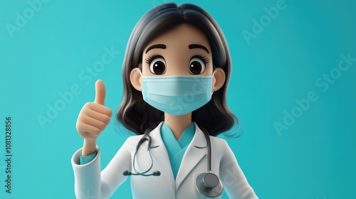 Cheerful 3D Cartoon Female Doctor Giving Thumbs Up with Medical Mask and White Coat photo