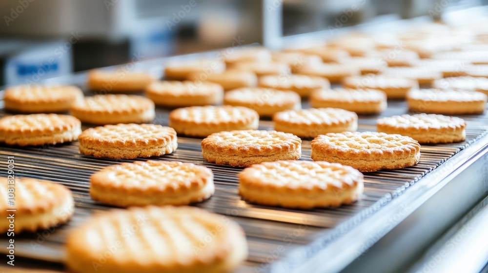 Cookies on a conveyor belt in a bakery. This image is perfect for illustrating the production of cookies, food manufacturing, or the baking process. Cookies on a conveyor belt in a bakery. This image is perfect for illustrating the production of cookies, food manufacturing, or the baking process.