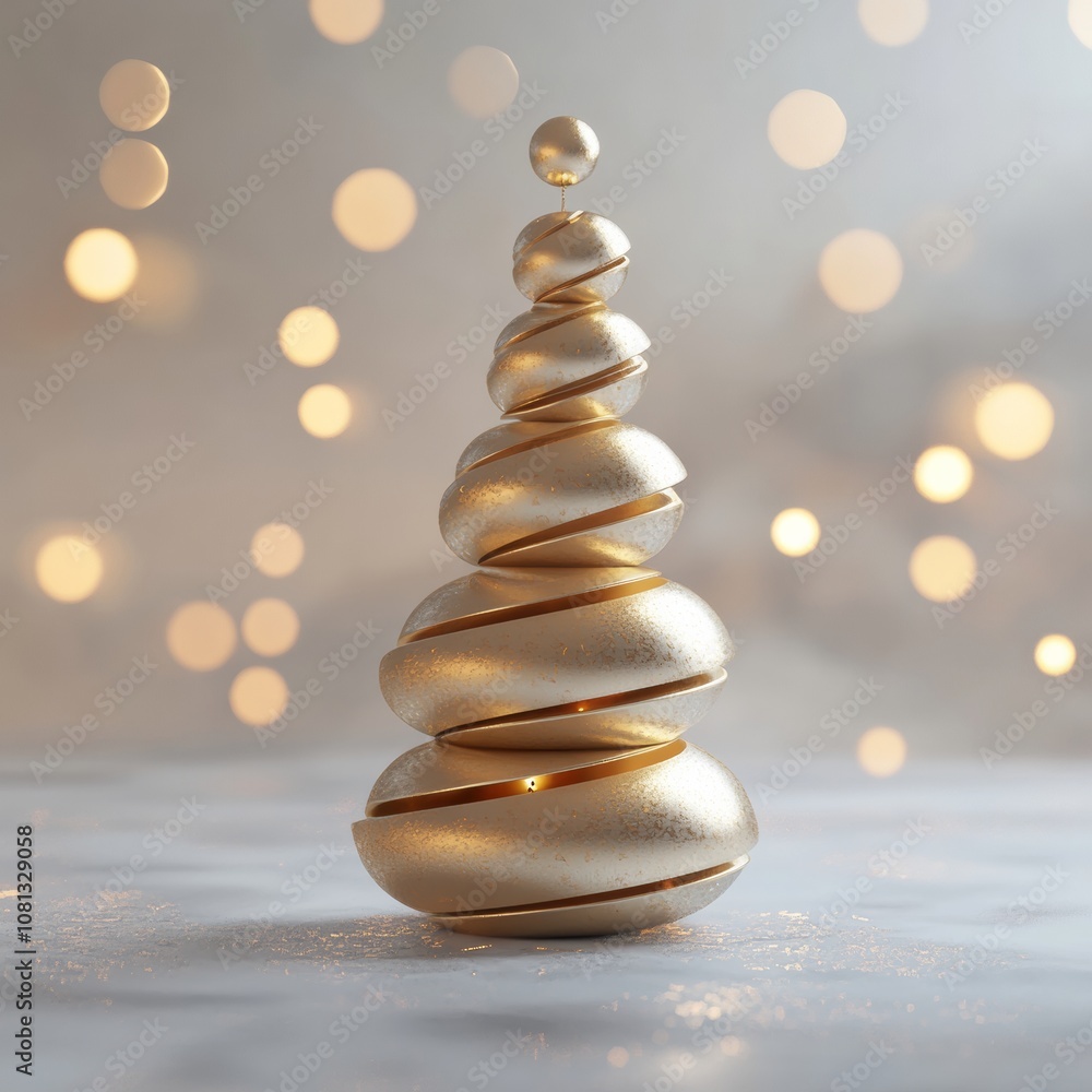 Obraz premium Geometric holiday tree design made from stacked golden spheres on a plain white surface with glittery lights in the background