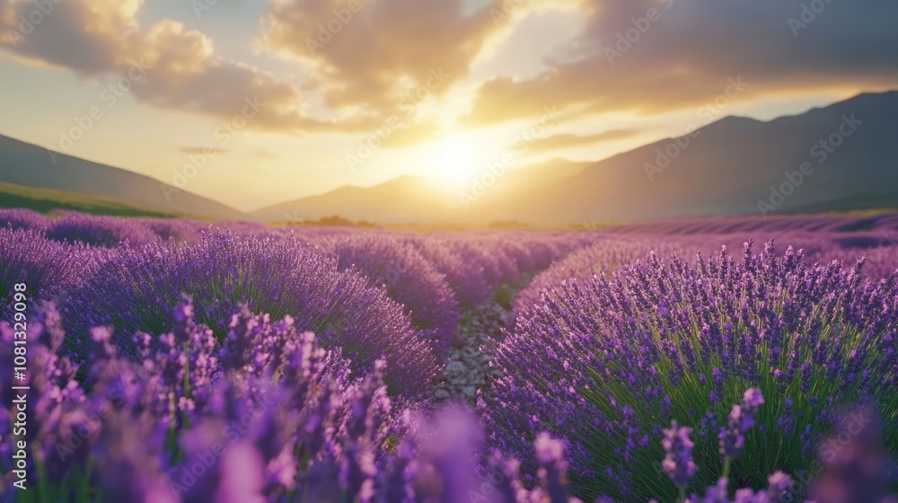 Obraz premium A breathtaking sunset over a field of lavender, with rolling hills in the background.