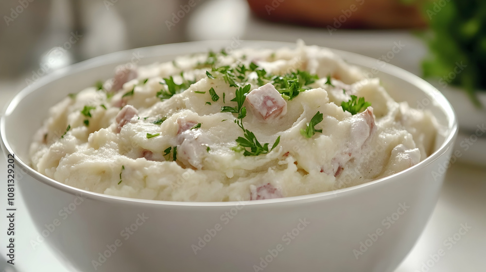 Bowl of creamy mashed potatoes garnished with fresh parsley, presented on a white table in an inviting scene. high quality Bowl of creamy mashed potatoes garnished with fresh parsley, presented on a white table in an inviting scene. high quality