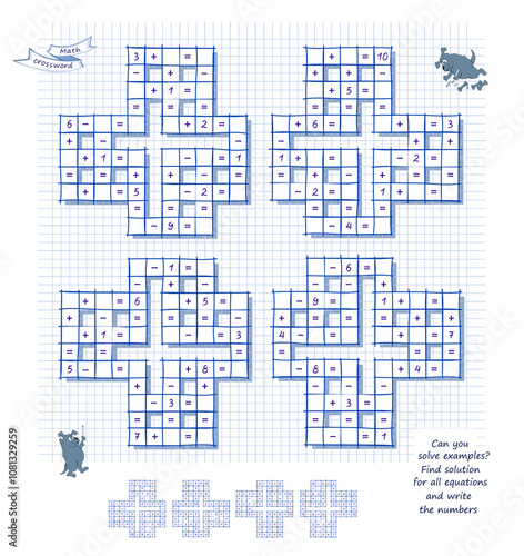 Set of mathematical crosswords. Can you solve examples? Find solution for all equations and write the numbers. Math logic puzzle game on addition and subtraction. Brain teaser book. Vector image.