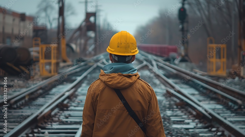 A person in a yellow hard hat stands on railway tracks, gazing into the distance on a cloudy day. A person in a yellow hard hat stands on railway tracks, gazing into the distance on a cloudy day.
