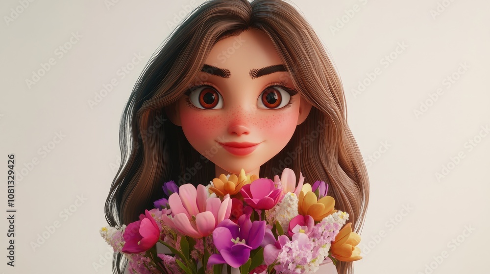 Fototapeta premium Beautiful woman holding a bouquet of flowers and a gift against a white backdrop celebrating International Women s Day