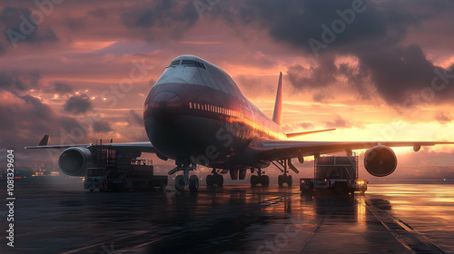 Cargo airplane ready for loading at sunset. high quality