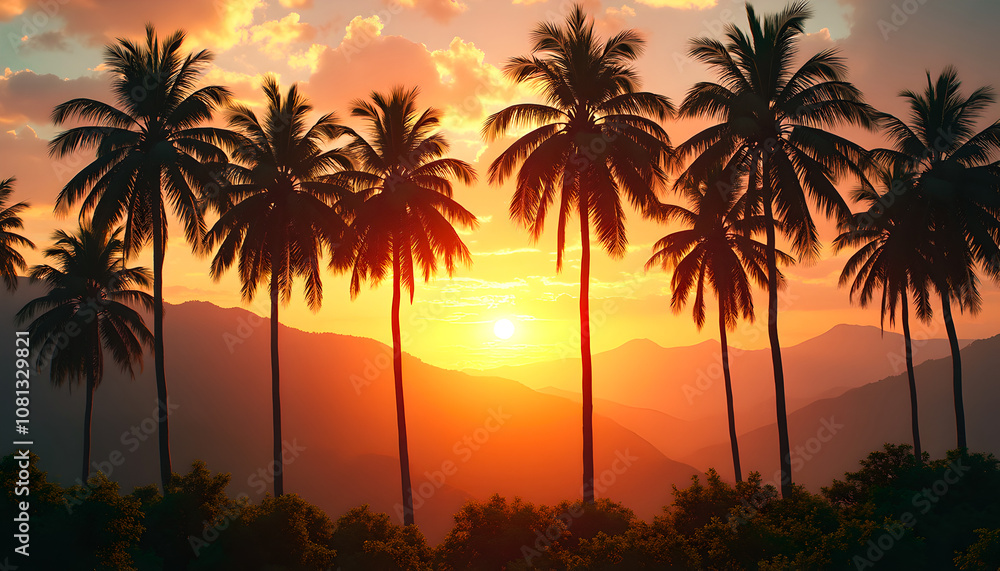 Obraz premium Silhouetted Palm Trees Sunset Over Mountains