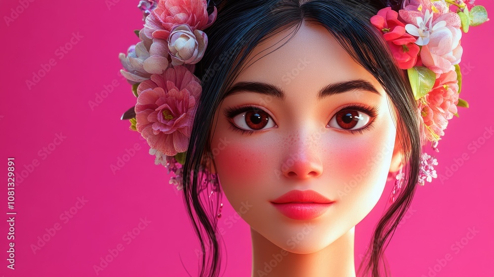 Close up of a young beautiful Asian woman adorned with flowers in her hair vibrant pink background portrait photography