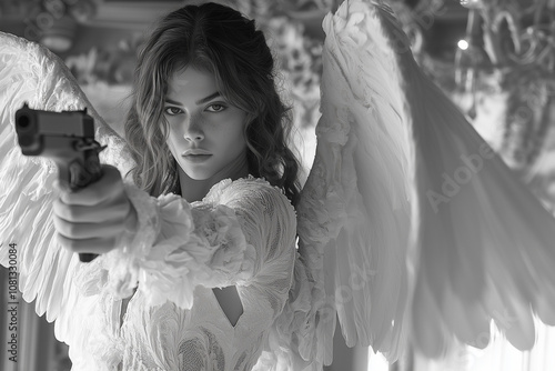 Mysterious woman angel with white wings pointing a gun in a dramatic black and white setting photo