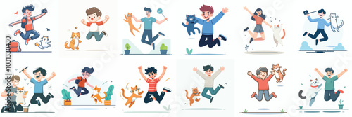 vector set teenagers are happy jumping with their dogs with a simple and minimalist flat design style. plain white background