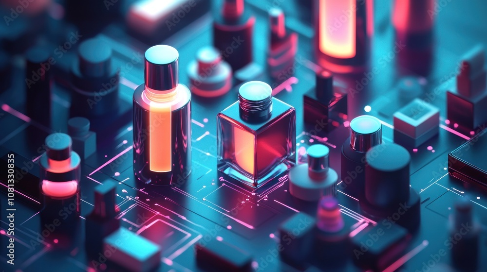 Abstract 3D rendering of perfume bottles on a circuit board with neon lighting. Abstract 3D rendering of perfume bottles on a circuit board with neon lighting.