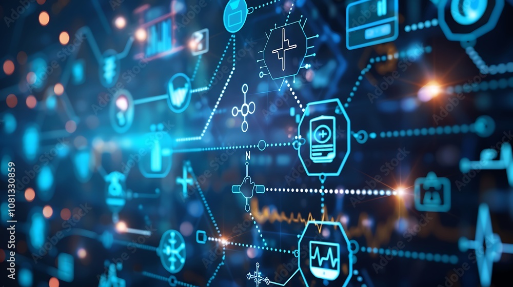 A digital representation of interconnected health and technology symbols, illustrating data and medical concepts. A digital representation of interconnected health and technology symbols, illustrating data and medical concepts.